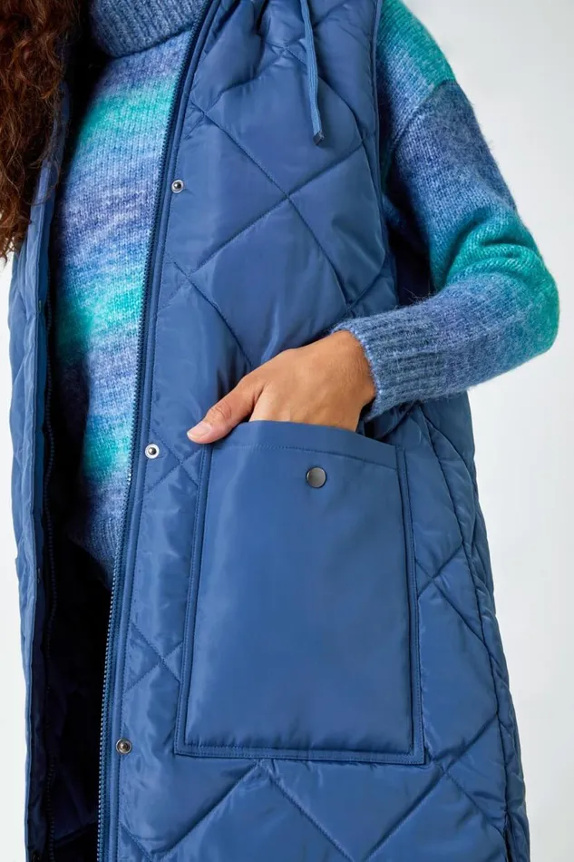 Steel Blue Diamond Quilted Longline Gilet Women Roman Coats