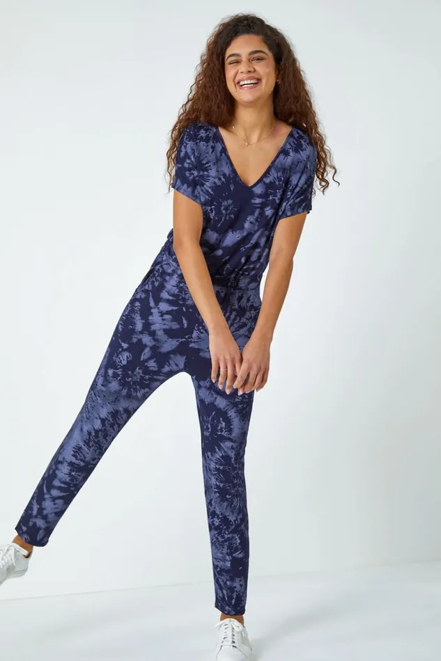 Steel Blue Tie Dye Print Stretch Jumpsuit Women Roman Dresses