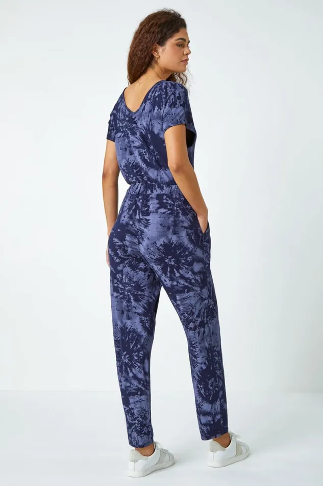 Steel Blue Tie Dye Print Stretch Jumpsuit Women Roman Dresses