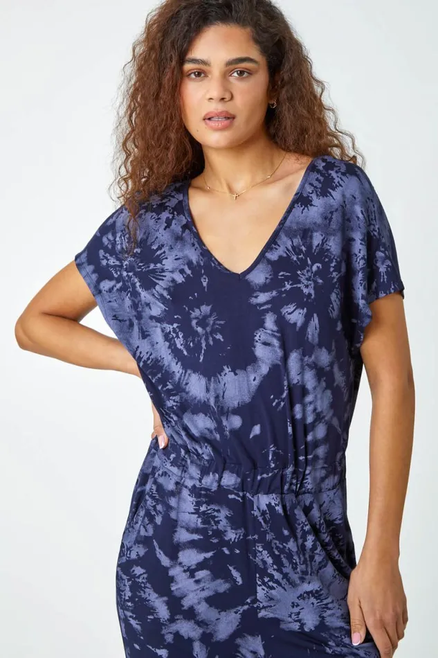 Steel Blue Tie Dye Print Stretch Jumpsuit Women Roman Dresses