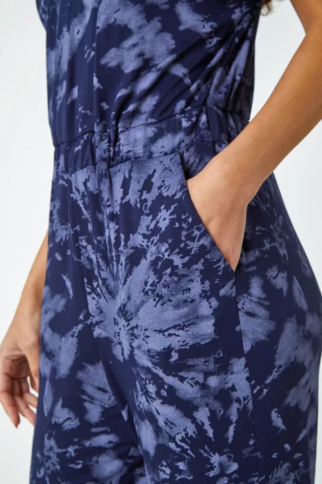 Steel Blue Tie Dye Print Stretch Jumpsuit Women Roman Dresses