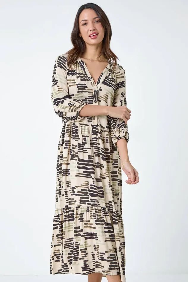 Stone Abstract Print Tiered Shirt Dress Women Roman Dresses