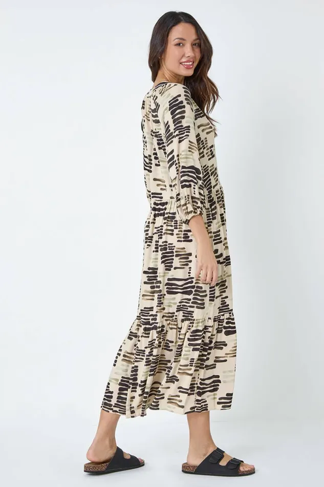 Stone Abstract Print Tiered Shirt Dress Women Roman Dresses