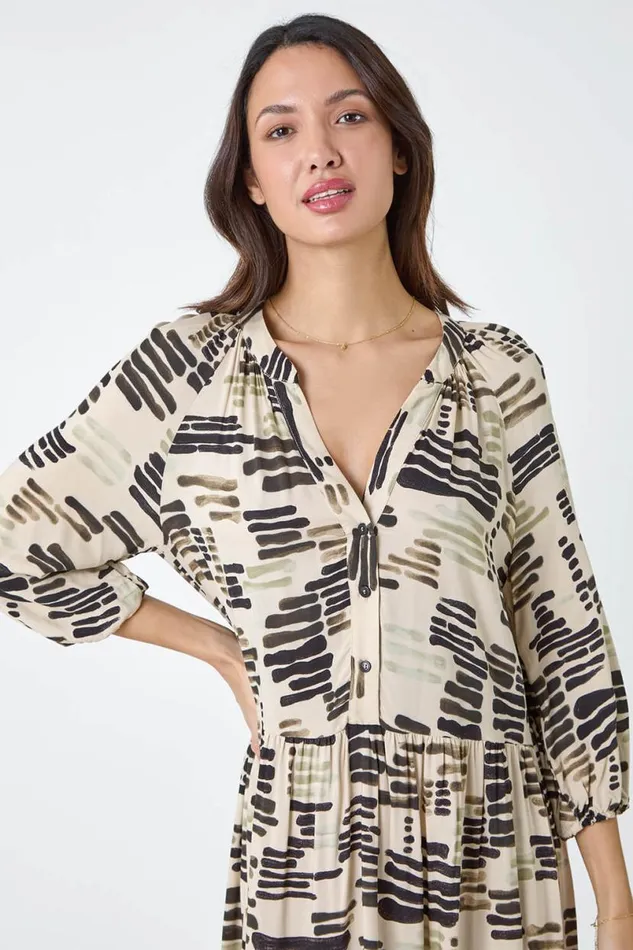 Stone Abstract Print Tiered Shirt Dress Women Roman Dresses