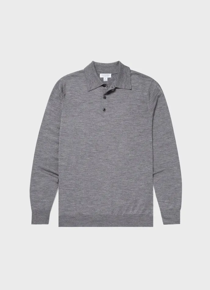 SUNSPEL Knitwear ExtraFine Merino Polo Shirt Mid Grey Melange 8211 Men