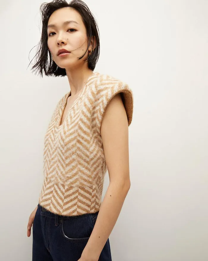 Sweaters Shop Veronica Beard Dutton Herringbone Knit Vest Camel