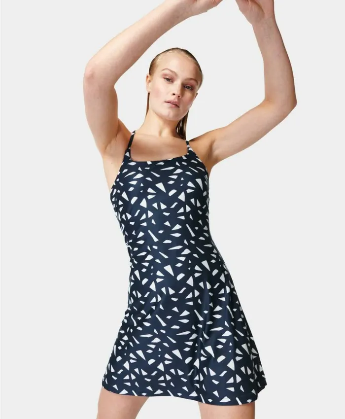 Sweaty Betty All Round Workout Dress Navy Blue Mini Vintage Seed Print Clothing