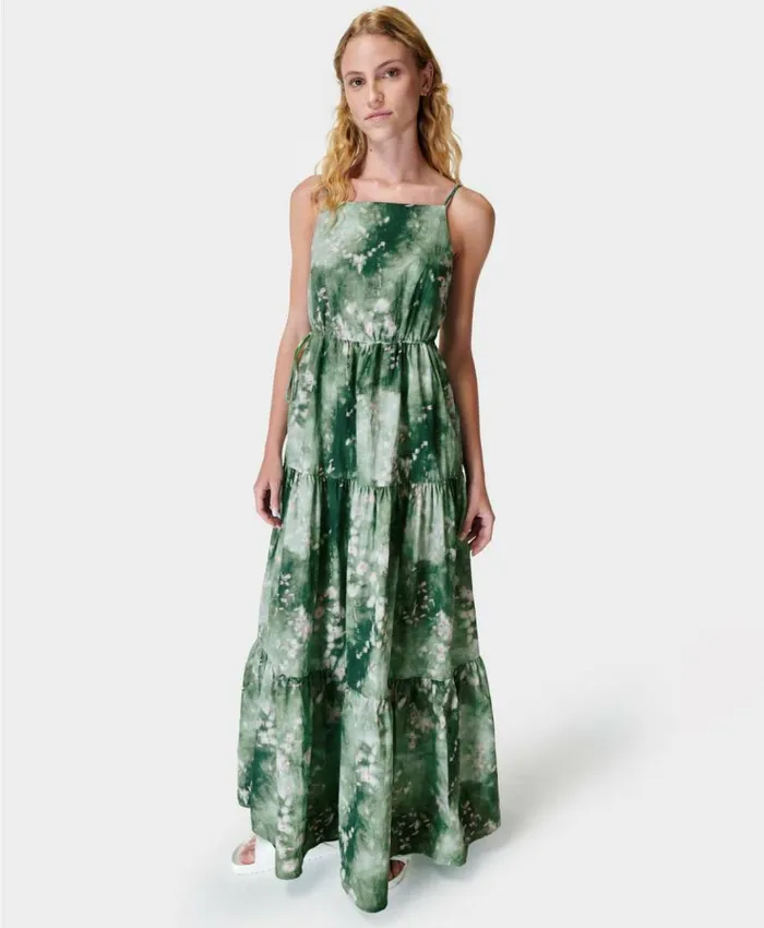 Sweaty Betty Parachute Summer Maxi Dress Green Lavender Meadow Print Clothing