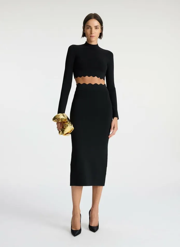 Swim Women ALC Quincy Scalloped Knit Midi Skirt Black