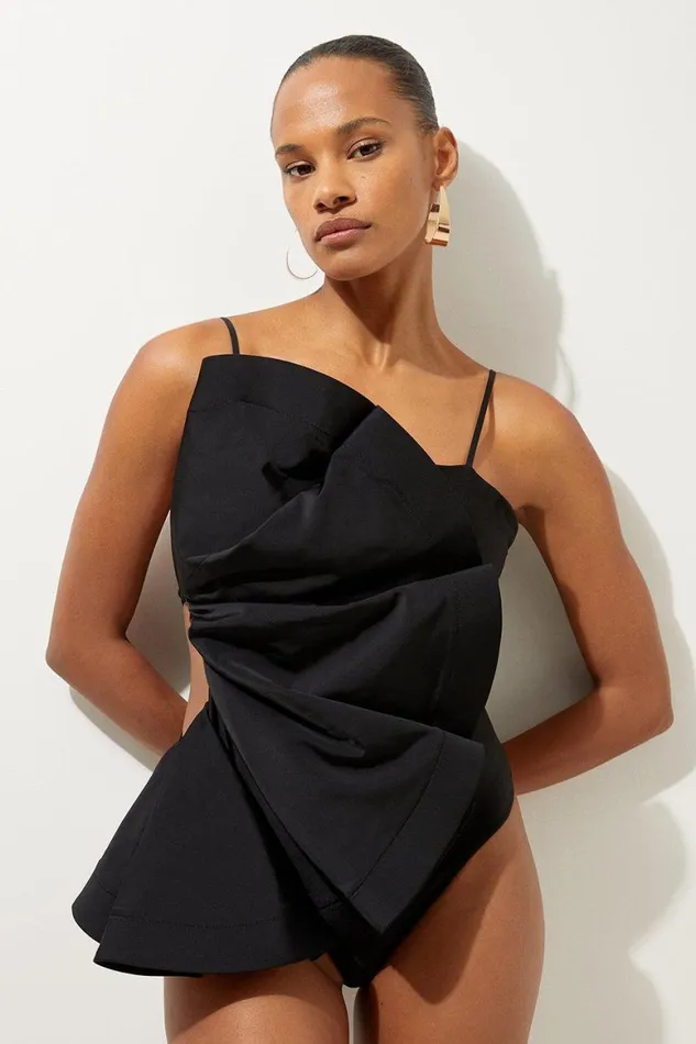 Swimwear Women Karen Millen Drama Ruffle Strappy High Leg Swimsuit Black