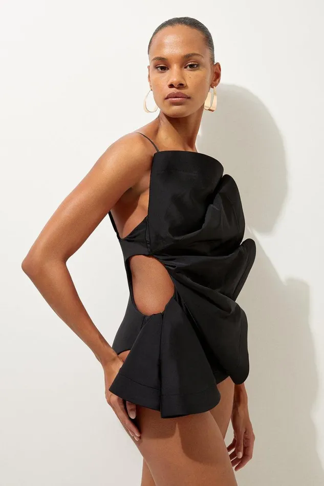 Swimwear Women Karen Millen Drama Ruffle Strappy High Leg Swimsuit Black
