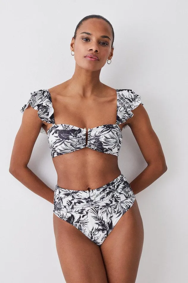 Swimwear Women Karen Millen Mono Print Ruffle Bikini Top With Detachable Straps Mono