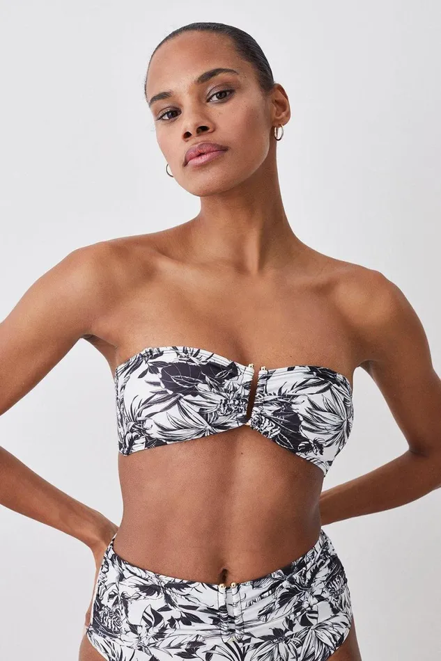Swimwear Women Karen Millen Mono Print Ruffle Bikini Top With Detachable Straps Mono