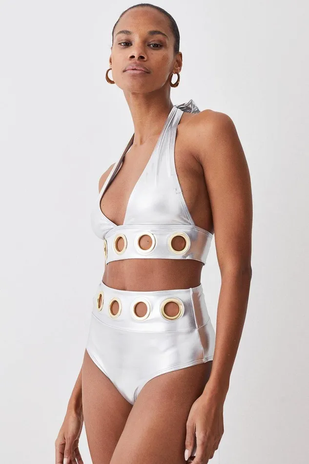 Swimwear Women Karen Millen Silver Lame Eyelet Detail High Waist Bikini Bottoms Silver