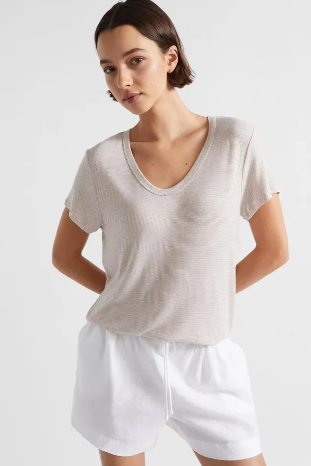 TShirts and Tops Woman Seed Heritage Linen Blend Stripe Tee Barley Stripe