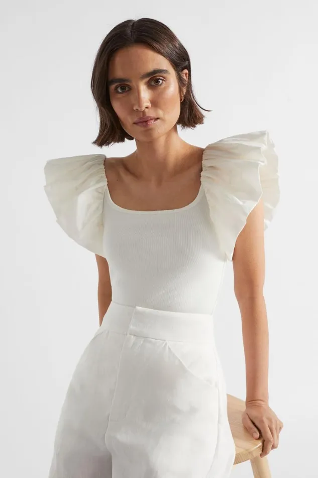 TShirts and Tops Woman Seed Heritage Scoop Neck Ruffle Tee Cloud Cream