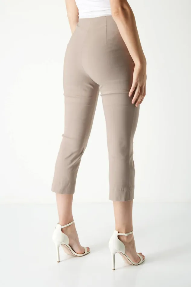 Taupe Elastic Waist Stretch Cropped Trousers Women Roman Coords