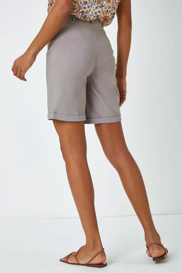 Taupe Elastic Waist Turn Up Stretch Shorts Women Roman Coords