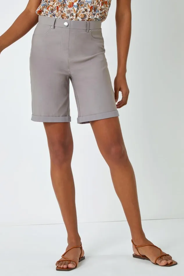 Taupe Elastic Waist Turn Up Stretch Shorts Women Roman Coords
