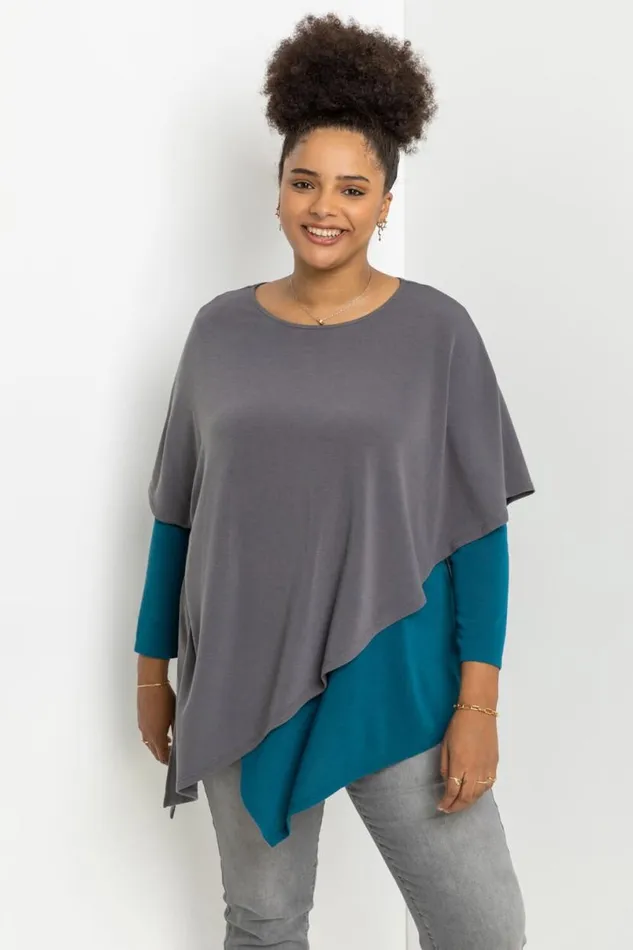 Teal Curve Colourblock Asymmetric Snood Tunic Top Women Roman Tops