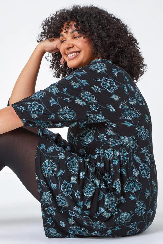 Teal Curve Floral Print Smock Stretch Dress Women Roman Dresses