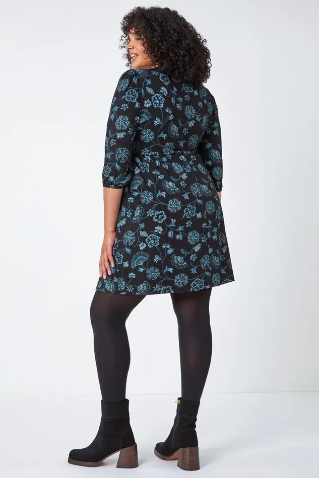 Teal Curve Floral Print Smock Stretch Dress Women Roman Dresses