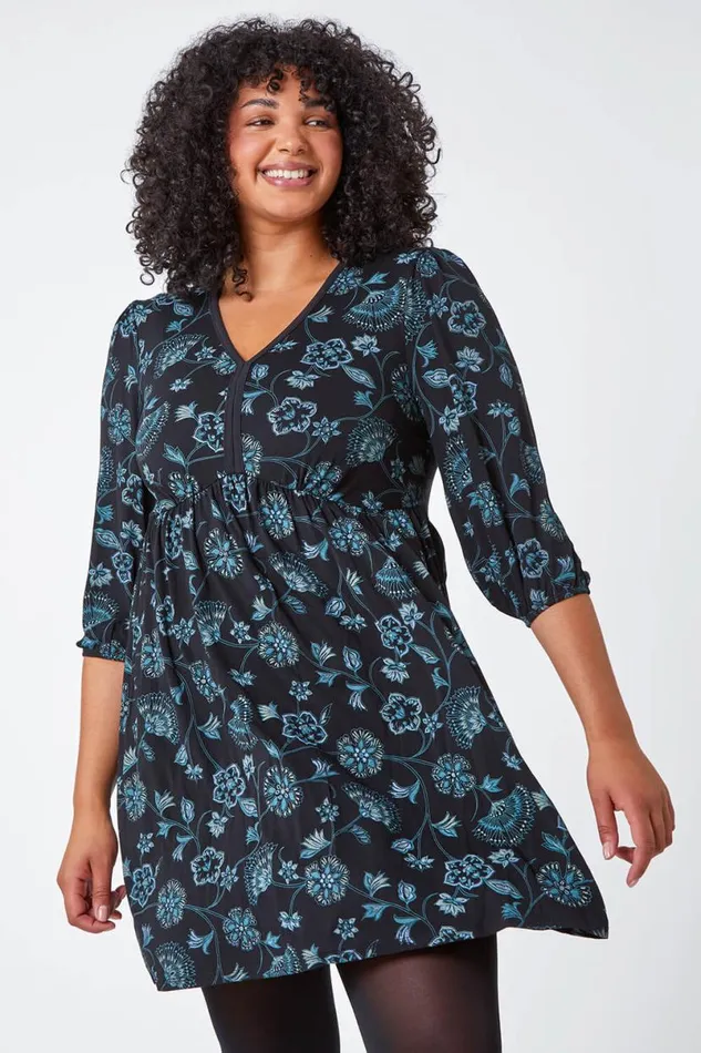 Teal Curve Floral Print Smock Stretch Dress Women Roman Dresses