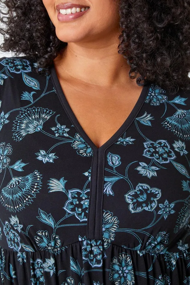 Teal Curve Floral Print Smock Stretch Dress Women Roman Dresses