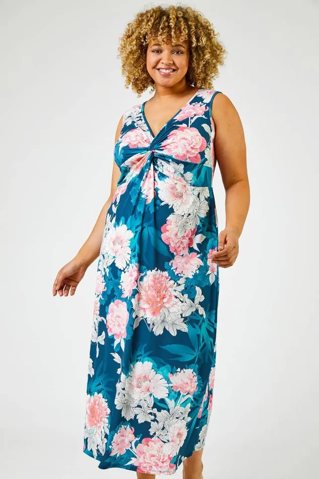 Teal Curve Floral Print Twist Ruched Midi Dress Women Roman Dresses