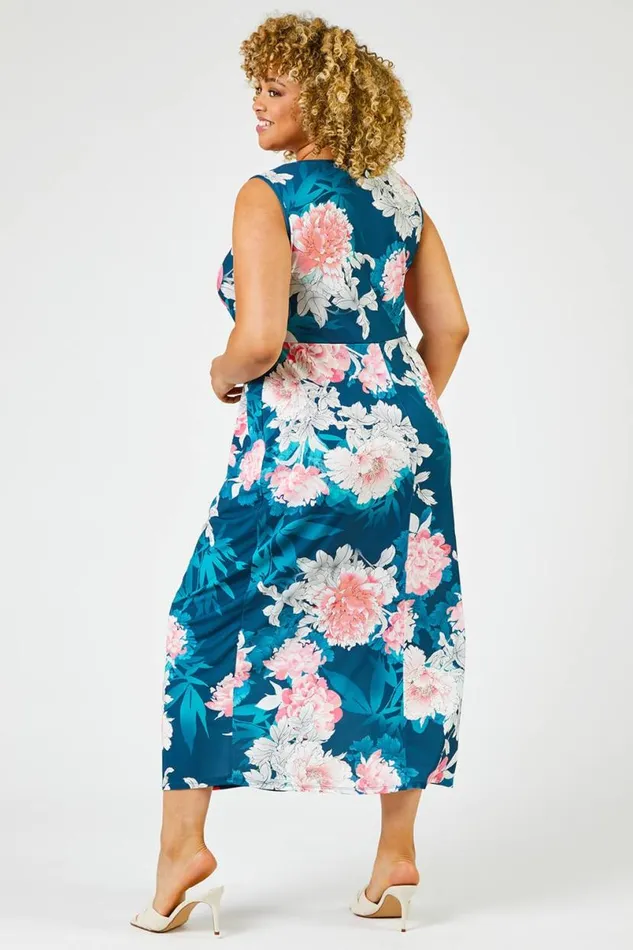 Teal Curve Floral Print Twist Ruched Midi Dress Women Roman Dresses