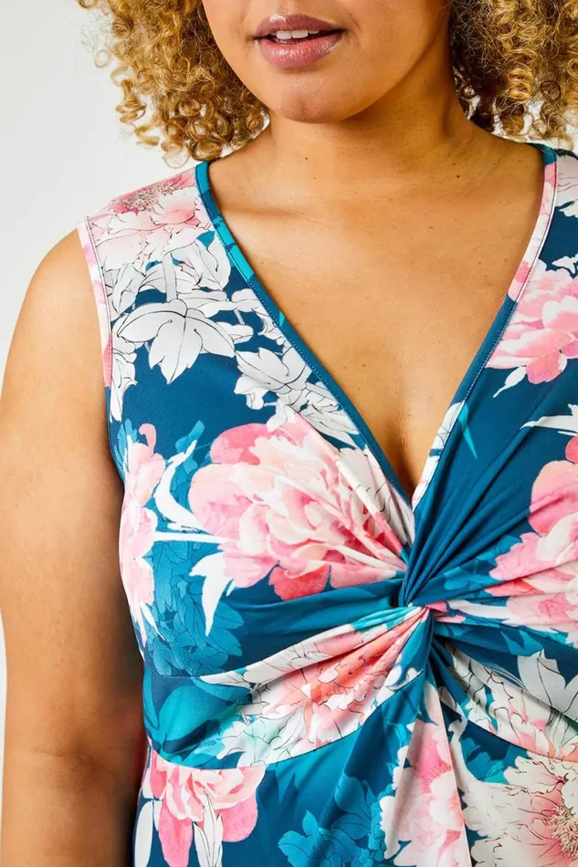 Teal Curve Floral Print Twist Ruched Midi Dress Women Roman Dresses