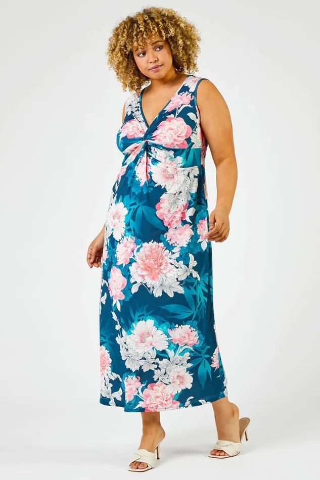 Teal Curve Floral Print Twist Ruched Midi Dress Women Roman Dresses