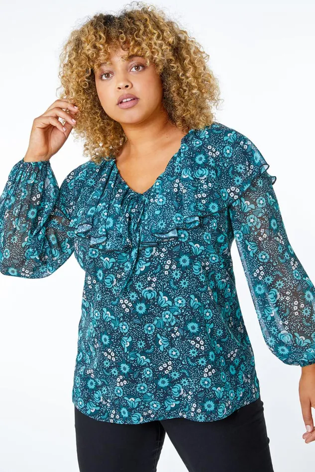 Teal Curve Floral VNeck Frill Top Women Roman Tops