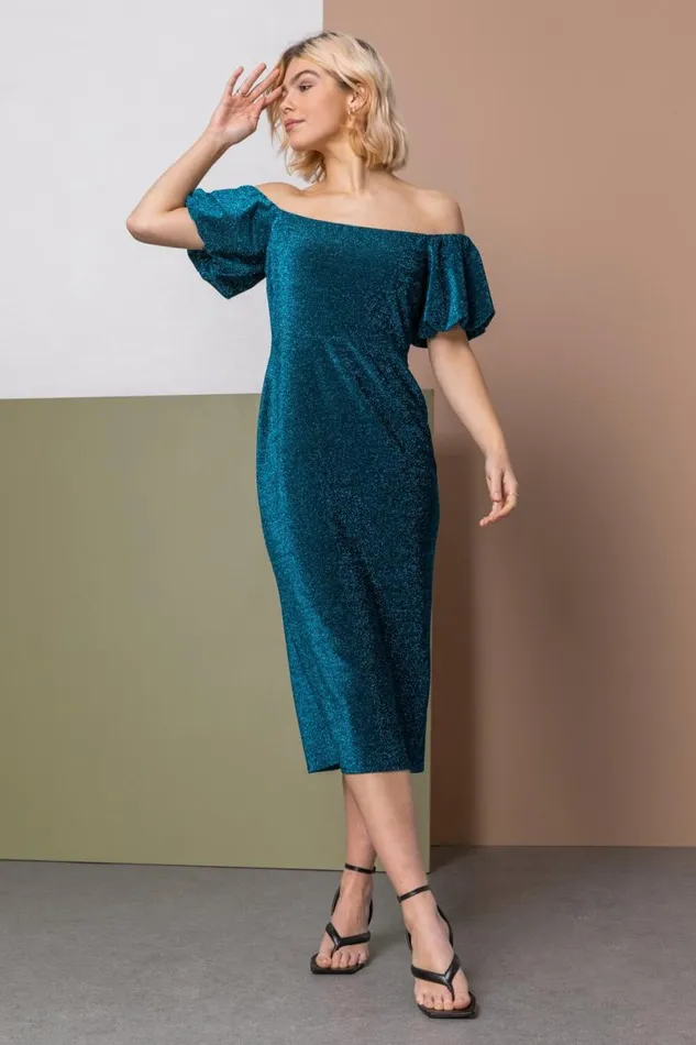 Teal Puff Sleeve Sparkle Midi Dress Women Roman Dresses
