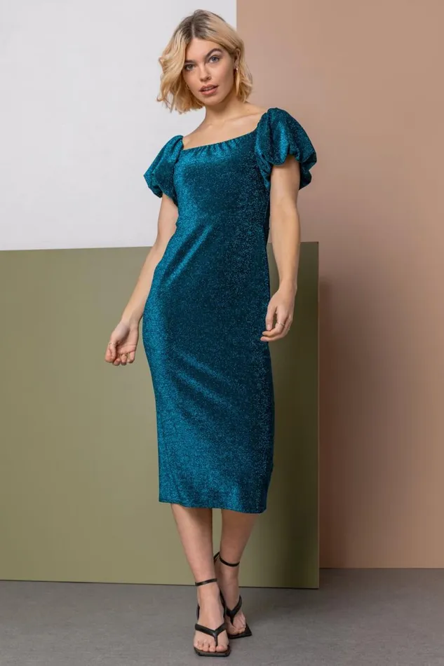 Teal Puff Sleeve Sparkle Midi Dress Women Roman Dresses