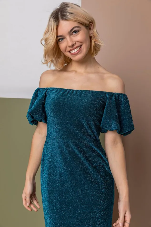 Teal Puff Sleeve Sparkle Midi Dress Women Roman Dresses