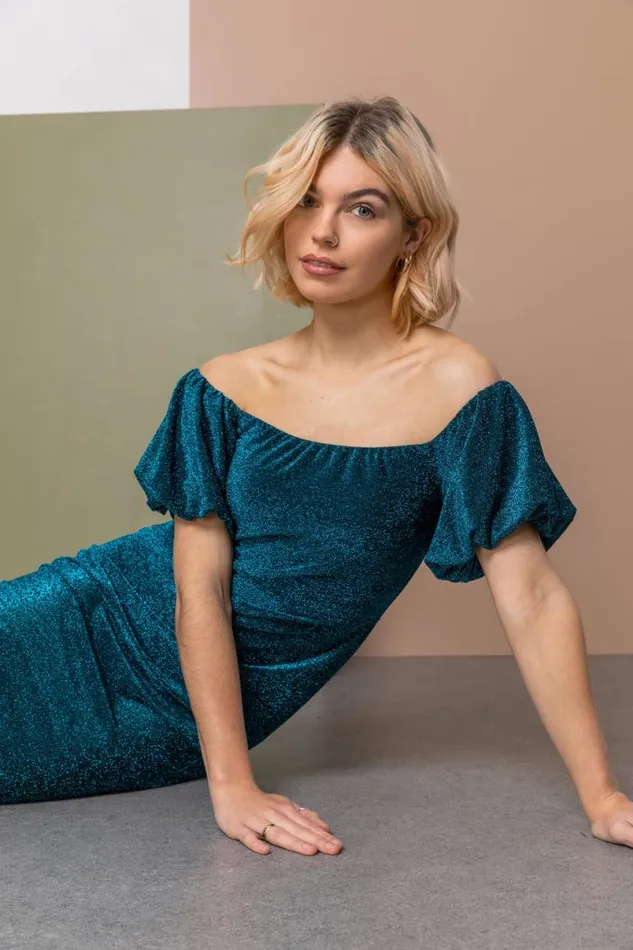 Teal Puff Sleeve Sparkle Midi Dress Women Roman Dresses