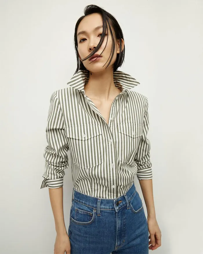Tops and Tees Shop Veronica Beard Barnette Striped ButtonDown Shirt Bright Armywhite