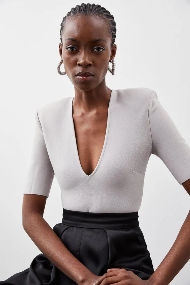 Tops Women Karen Millen Bandage Form Fitting Deep Vneck Bodysuit Grey