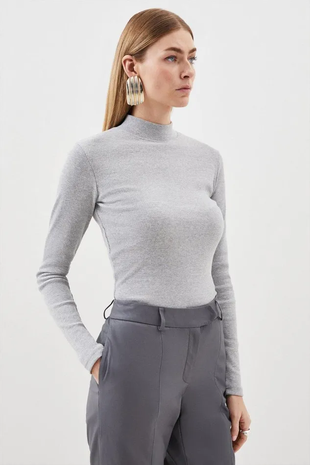 Tops Women Karen Millen Compact Jersey Ribbed Turtle Neck Top Grey Marl
