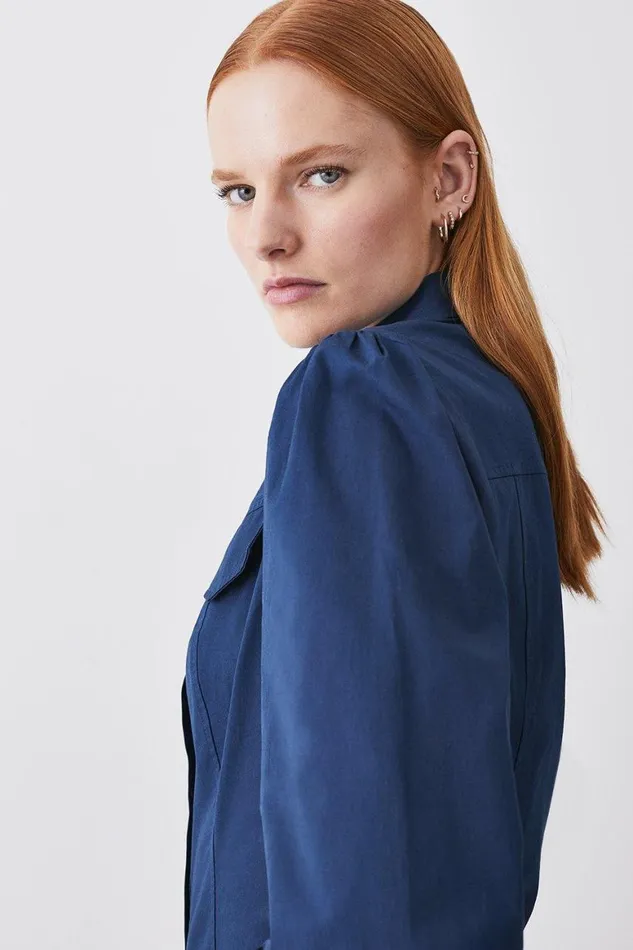 Tops Women Karen Millen Cotton Sateen Volume Sleeve Woven Shirt Navy