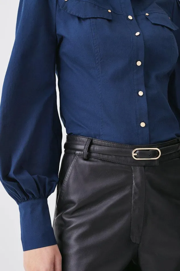 Tops Women Karen Millen Cotton Sateen Volume Sleeve Woven Shirt Navy