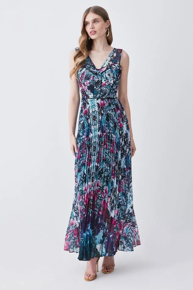 Tops Women Karen Millen Ombre Tile Pleat Corset Detail Woven Maxi Dress Purple