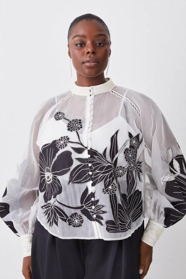 Tops Women Karen Millen Plus Organdie Applique Buttoned Woven Blouse Mono