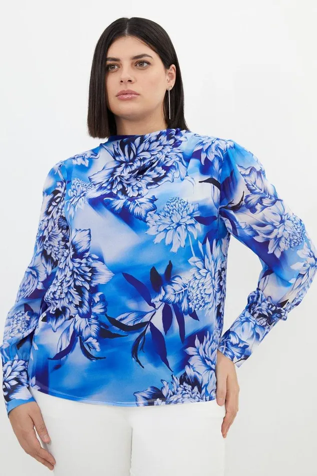 Tops Women Karen Millen Plus Size Blue Rose Pleated Georgette Woven Blouse Blue Tops Women Karen Millen Plus Size Blue Rose Pleated Georgette Woven Blouse Blue