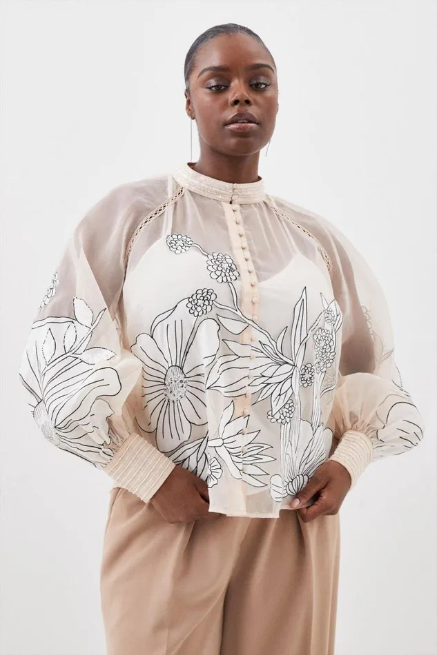 Tops Women Karen Millen Plus Size Organdie Applique Buttoned Satin Woven Blouse Blush Tops Women Karen Millen Plus Size Organdie Applique Buttoned Satin Woven Blouse Blush