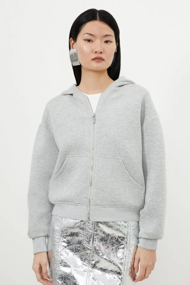 Tops Women Karen Millen Premium Scuba Zip Hoodie Grey Marl