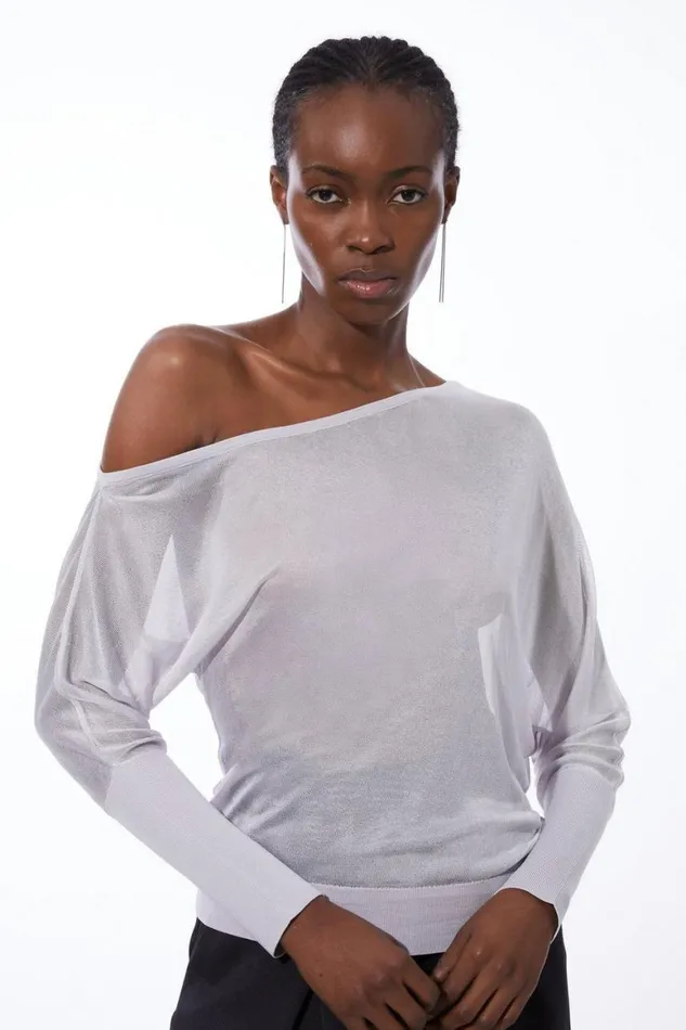 Tops Women Karen Millen Sheer Knit Slinky Asymmetric Blouson Top Grey