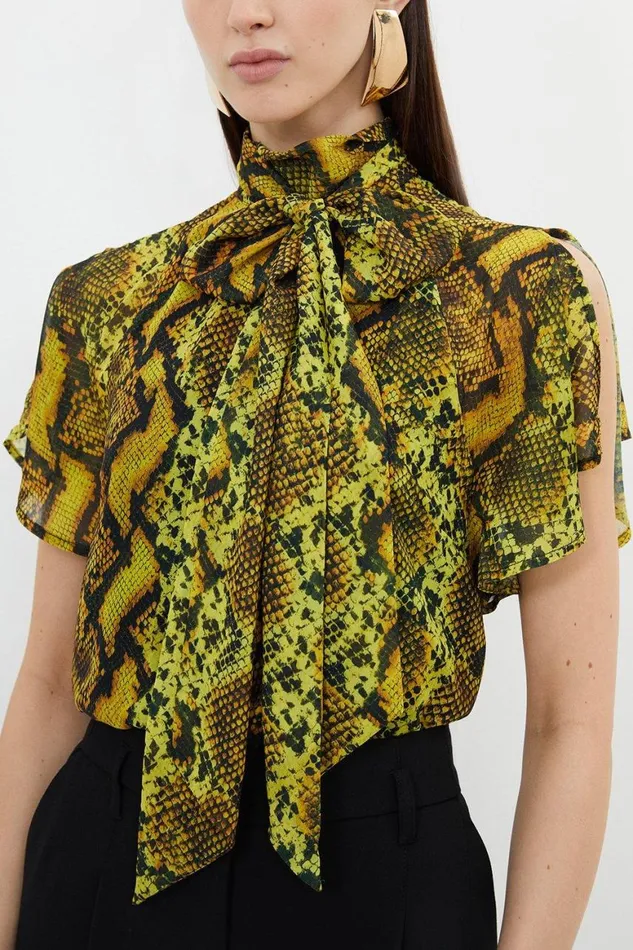 Tops Women Karen Millen Snake Print Georgette Woven Tie Neck Ruffle Blouse Snake