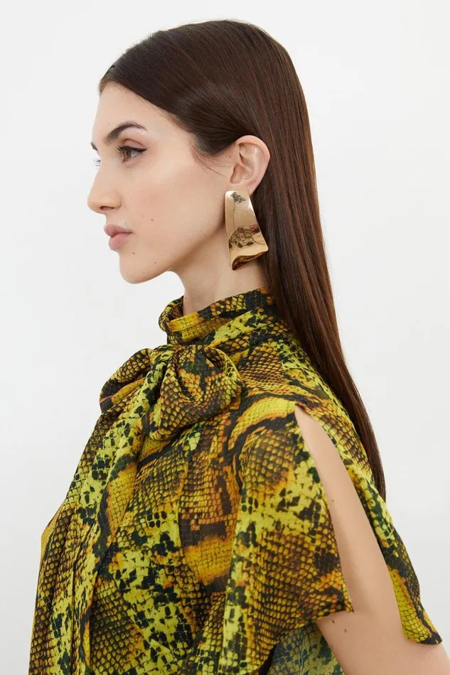 Tops Women Karen Millen Snake Print Georgette Woven Tie Neck Ruffle Blouse Snake